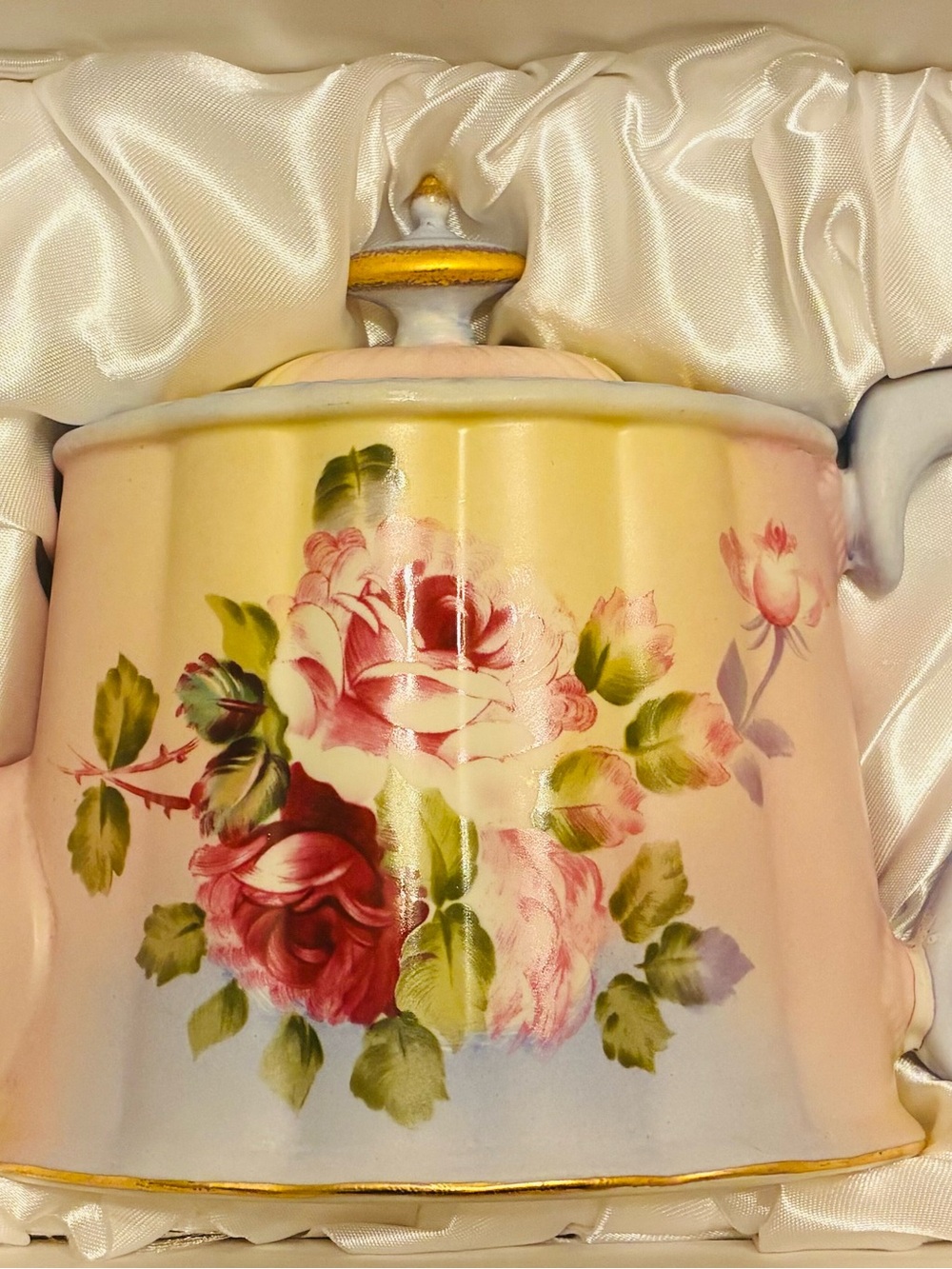 Burton & Burton Teapot with Pink Roses on Yellow. Matte Gold Accents and Finish